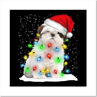 White Shih Tzu Christmas Santa Hat Xmas Tree Color Lights Posters and Art